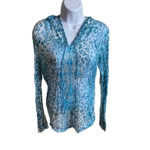 Cristina V size XL teal blue leopard print beaded cross hooded top